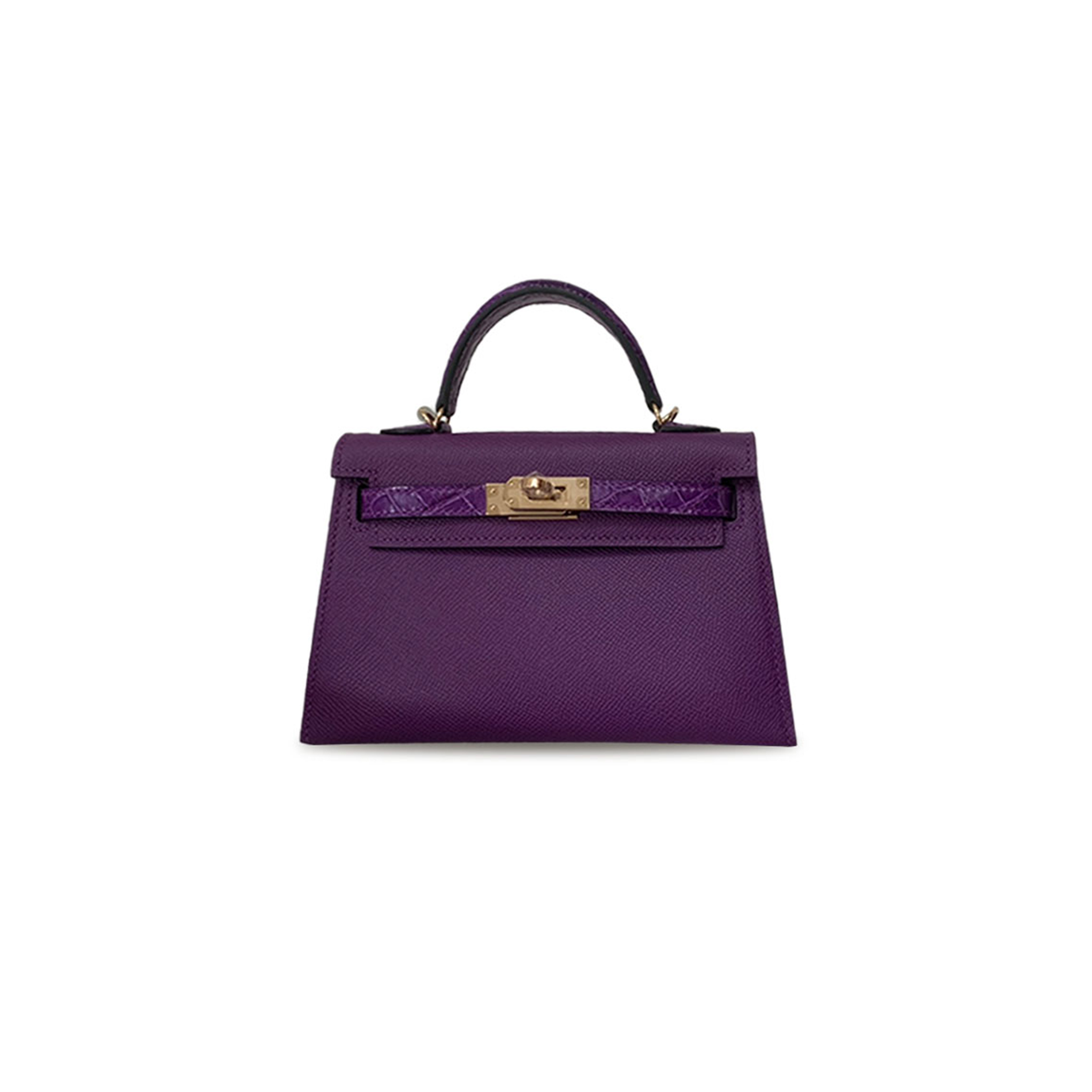 H**mes master mini kelly ii epsom leather anemone purple american alligator crystal purple gold buckle hardware (19*12*5.5cm)